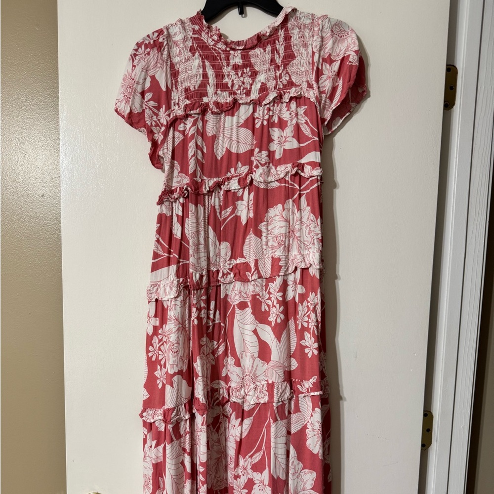 Floral Pink and White Flutter Sleeve Midi Sundress Tie Back